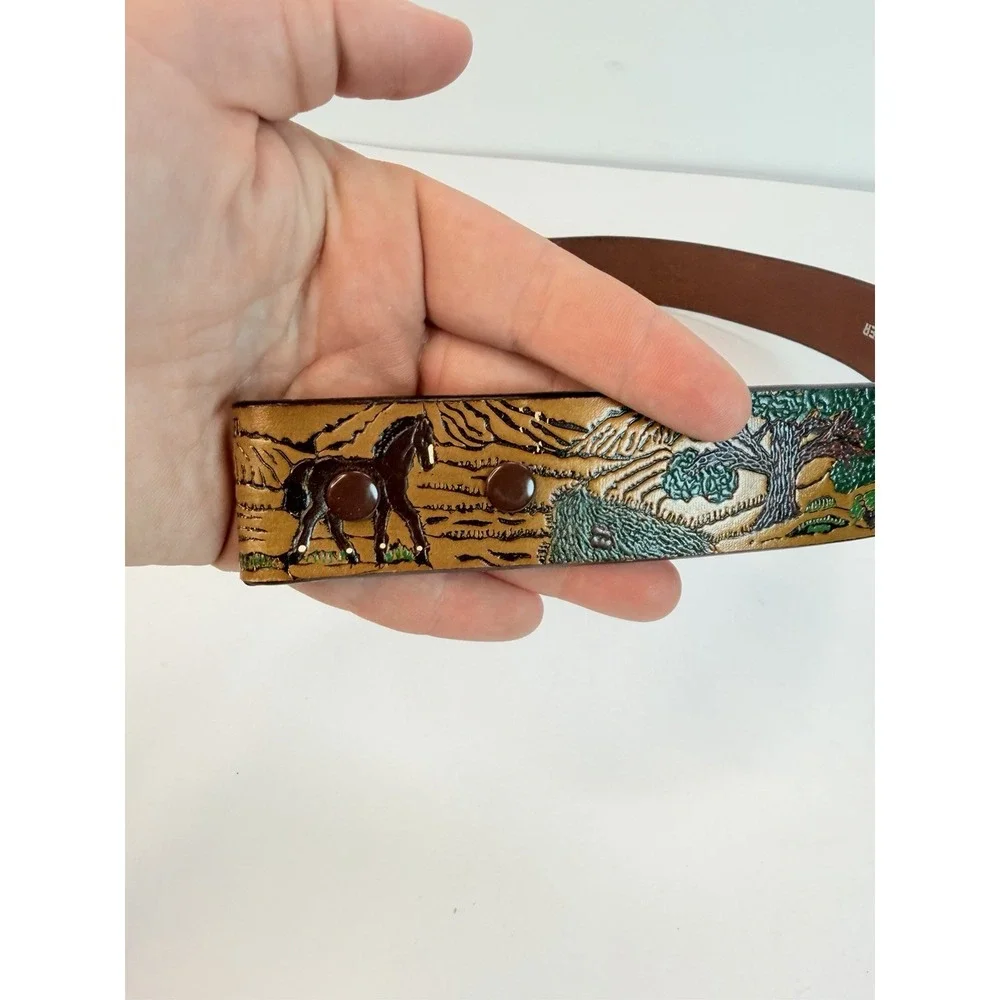 Nocona Western Leather Belt Size 26 Hand Painted Horse Tree Mountain Scenery